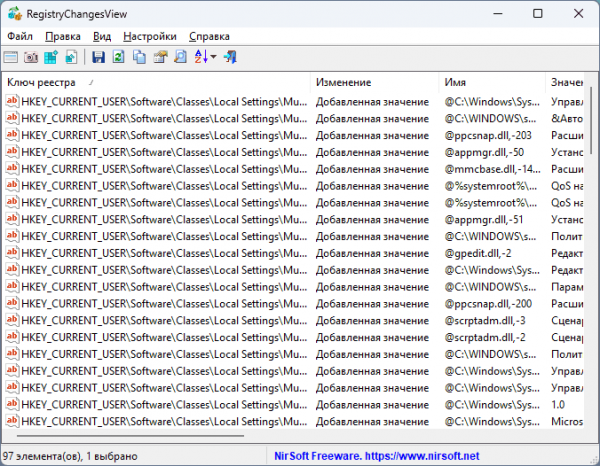 RegistryChangesView &mdash; снимки и отслеживание изменений в реестре Windows